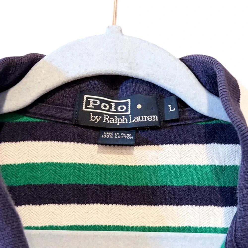 Polo Ralph Lauren Mens Green Navy Blue White Striped Golf Crest Polo Shirt L